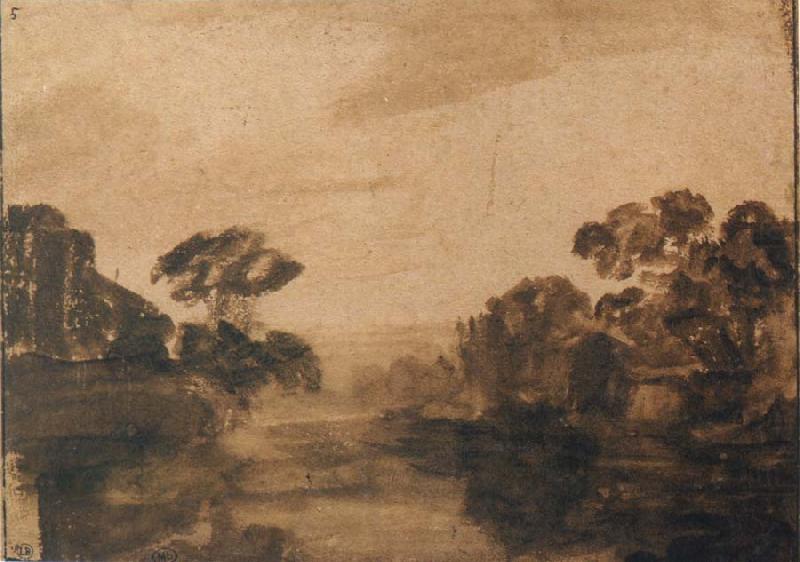 River with Trees on its Embankment at Dusk, REMBRANDT Harmenszoon van Rijn